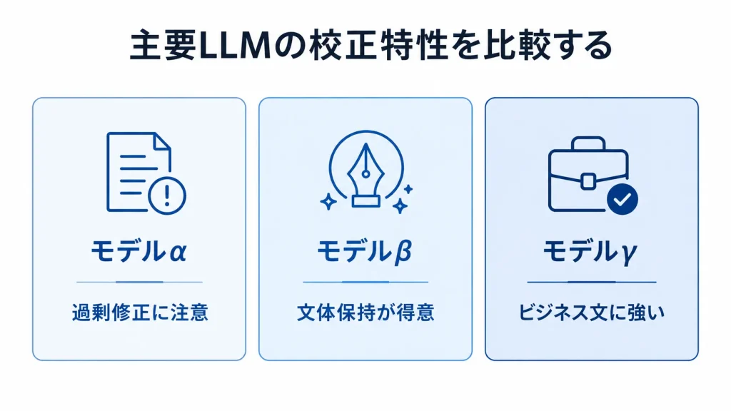 主要LLMの校正特性比較：モデルα（過剰修正注意）、モデルβ（文体保持が得意）、モデルγ（ビジネス文に強い）