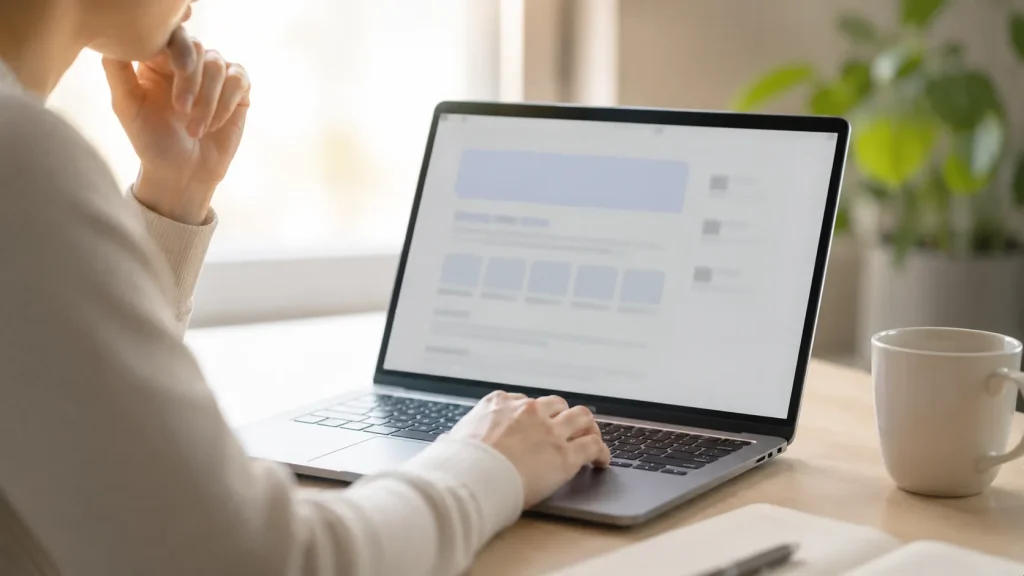 ノートパソコンでGoogle AIモード（AI Overviews）を操作する人物