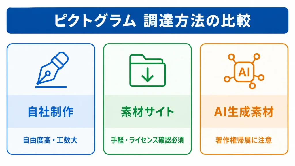 ピクトグラムの自社制作、素材サイト、AI生成素材の比較