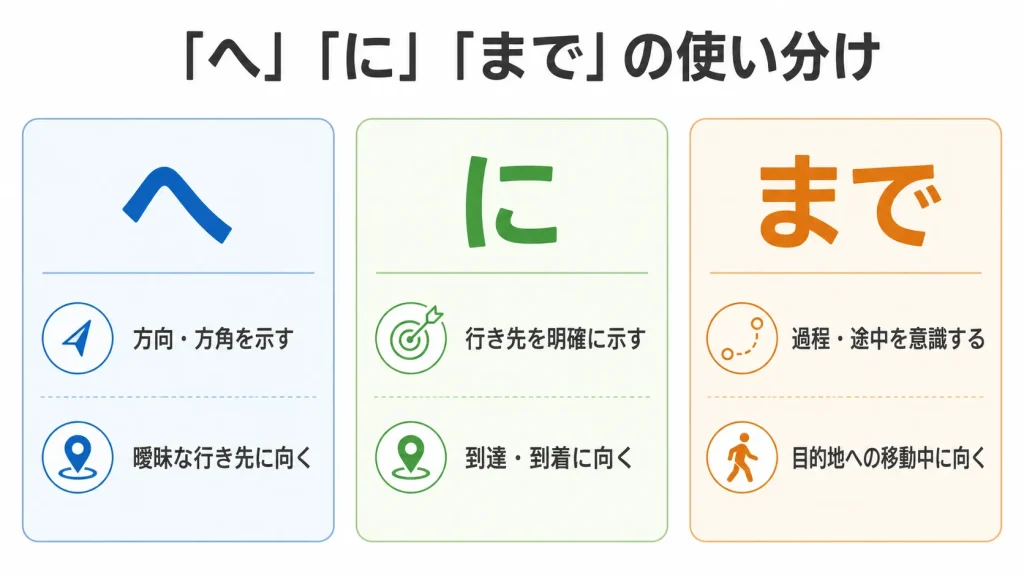 「へ」「に」「まで」の使い分け：方向、行き先、過程を解説