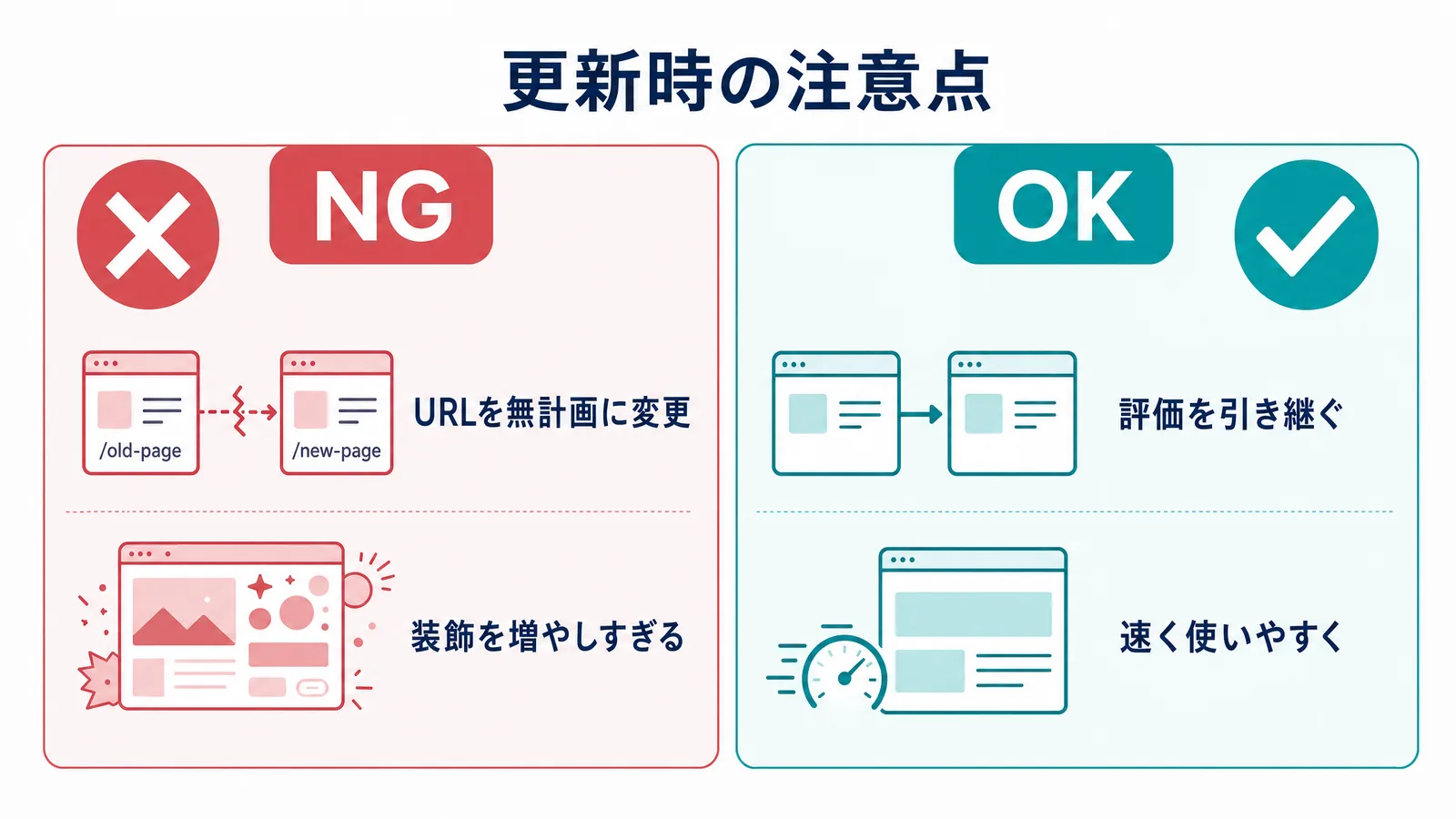 サイトリニューアルで避けたい変更と、評価と使いやすさを守る進め方を対比した図解