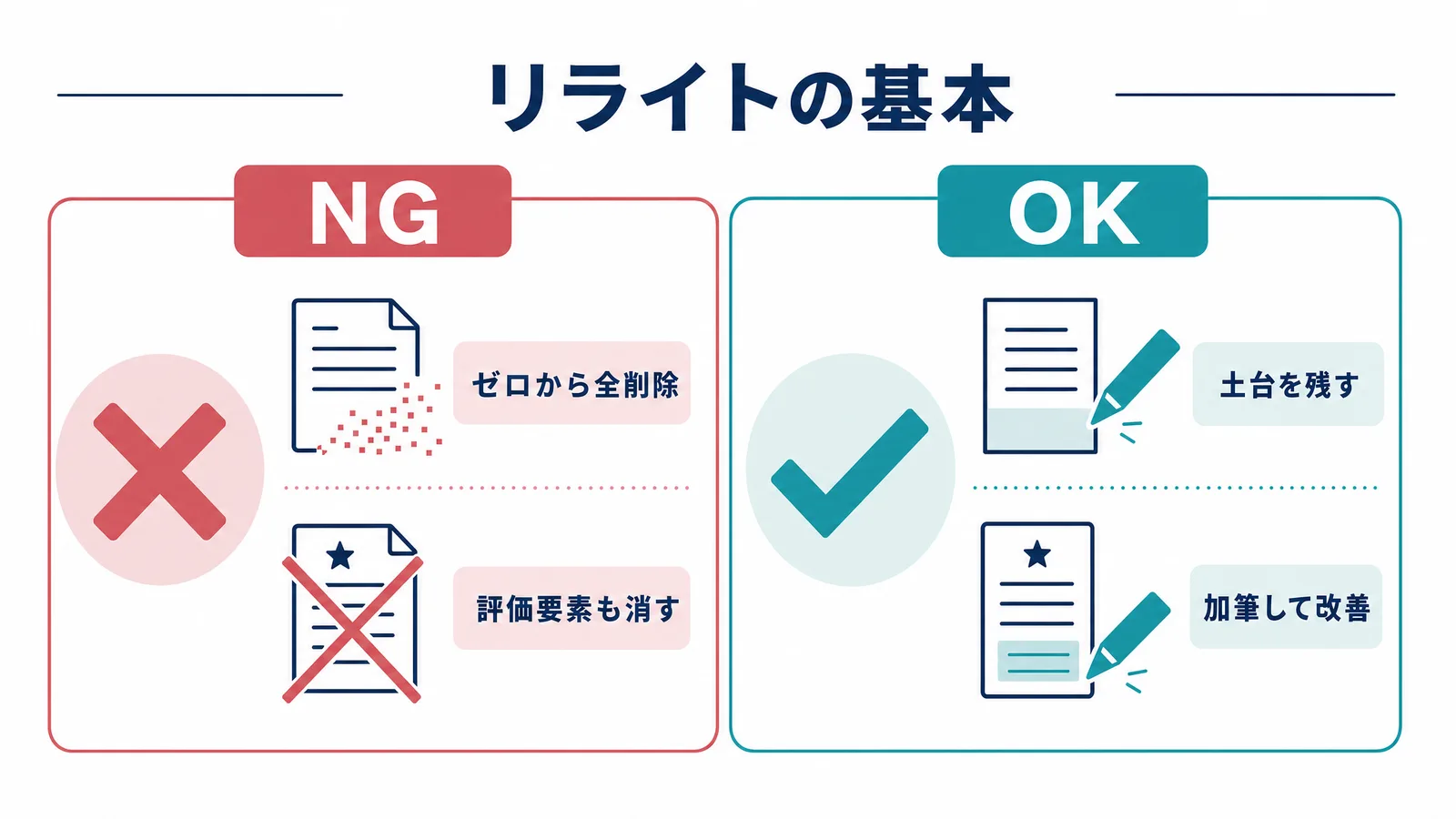 評価済みの内容を捨てるリライトと土台を残して改善する方法の違いを示す図解