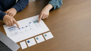木製デスクの上で二人分の手がサイト診断シートと改善カードを囲み、改善ルートを指し示すSEOコンサルティングのイメージ