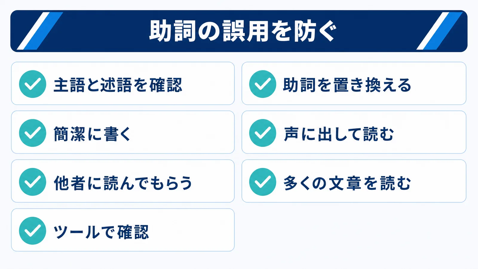 助詞の誤用を防ぐ確認方法の図解