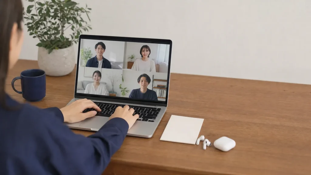 木製デスクの上でノートパソコンによるオンライン会話を行い、隣に無地の予定カードとイヤホンが置かれた仕事場のイメージ